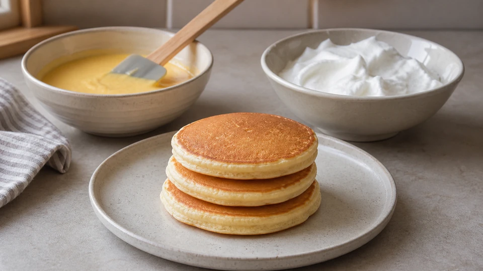 Editorial setup illustrating separated-egg pancakes: balance yolk richness and white foam.