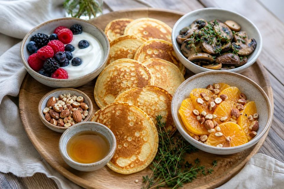 Finished almond-flour pancakes on a brunch board with berries and yogurt, mushrooms and herbs, citrus, and toasted nuts.
