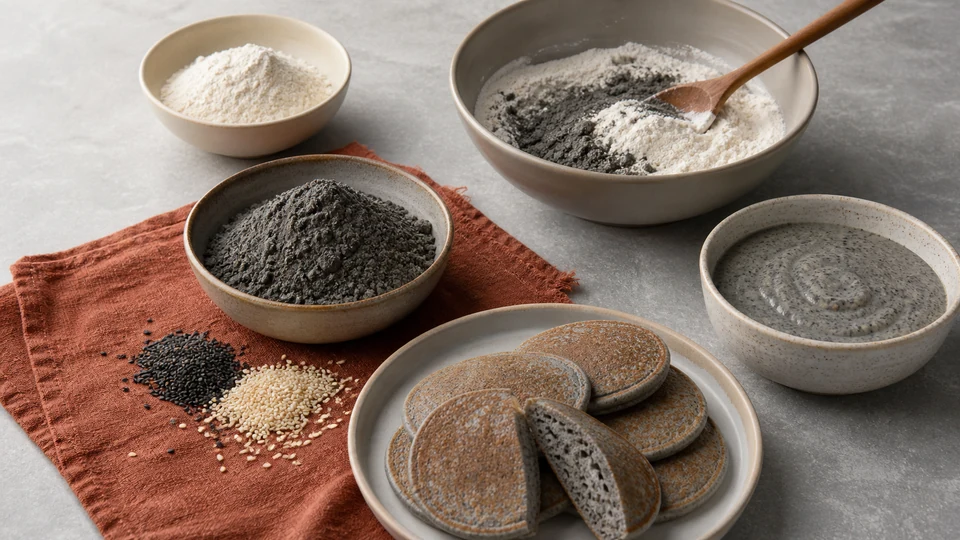 Black sesame flour and seeds separated from supporting flour, with a partial blend, speckled batter and pancakes
