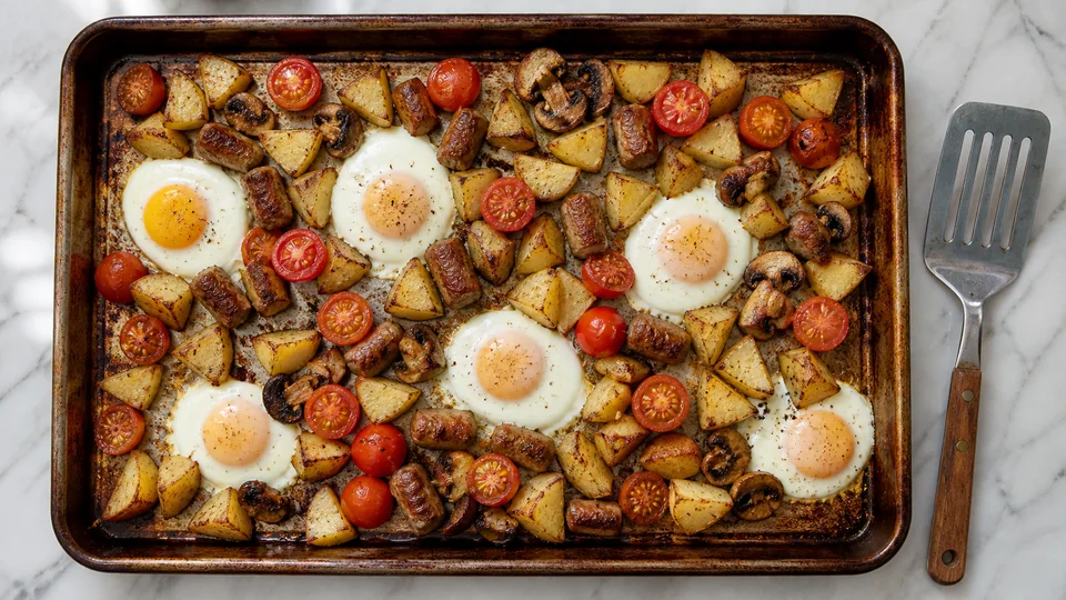 Sheet pan breakfast prepared for Pancakes World.