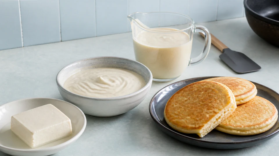 Silken tofu, blended tofu, pale batter and cut pancakes showing an illustrative moist set centre