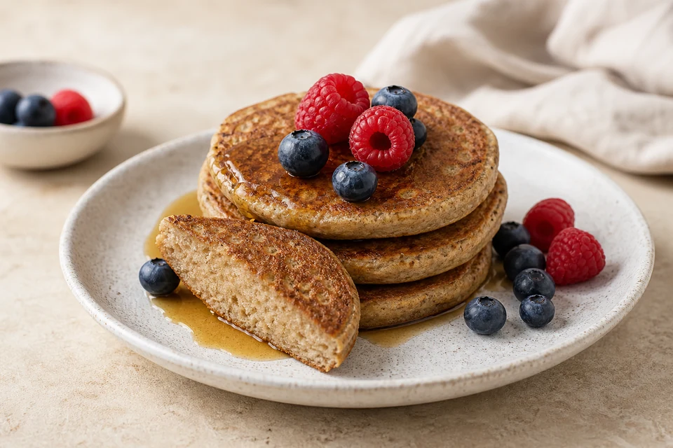 Finished almond-flour pancakes with berries and one cut pancake showing the crumb