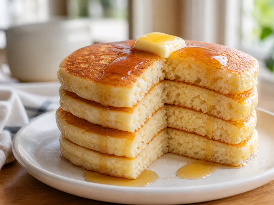 Close detail of the fully cooked open crumb inside fluffy pancakes