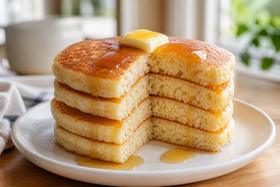 Finished fluffy pancake stack cut open to show an airy crumb with butter and syrup