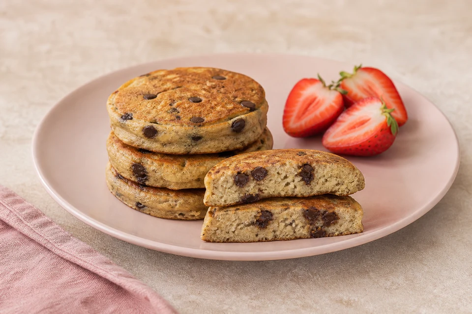 Finished small chocolate-chip pancakes made from Simple Truth keto mix, with one cut open to show the centre and berries served separately.