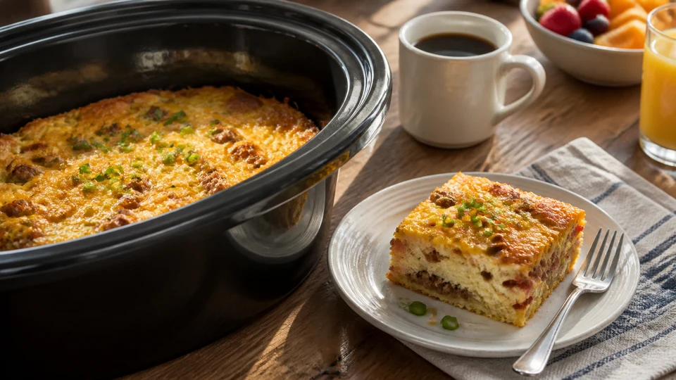 Slow cooker breakfast casserole prepared for Pancakes World.