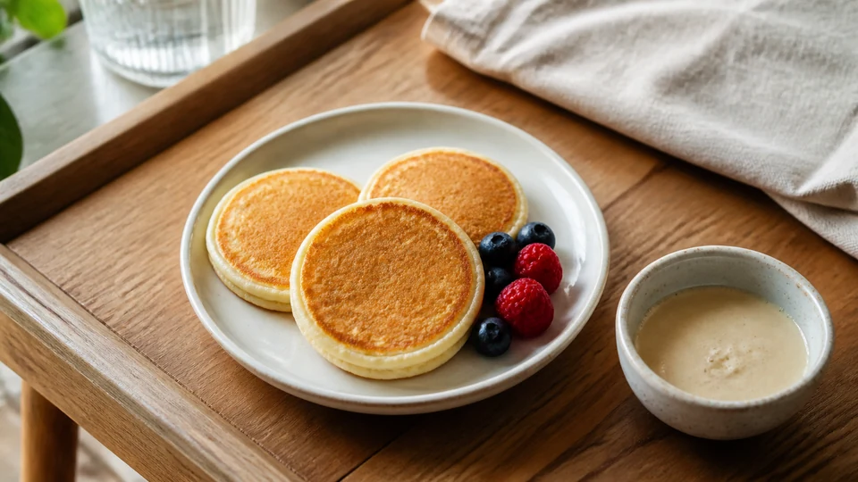 Three small vegan pancakes beside a compact mixing bowl, measuring spoon and sliced fruit