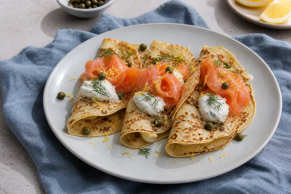 Thin folded savory pancakes topped with smoked salmon, lemon-caper crème fraîche, dill, and lemon wedges on a dark plate.