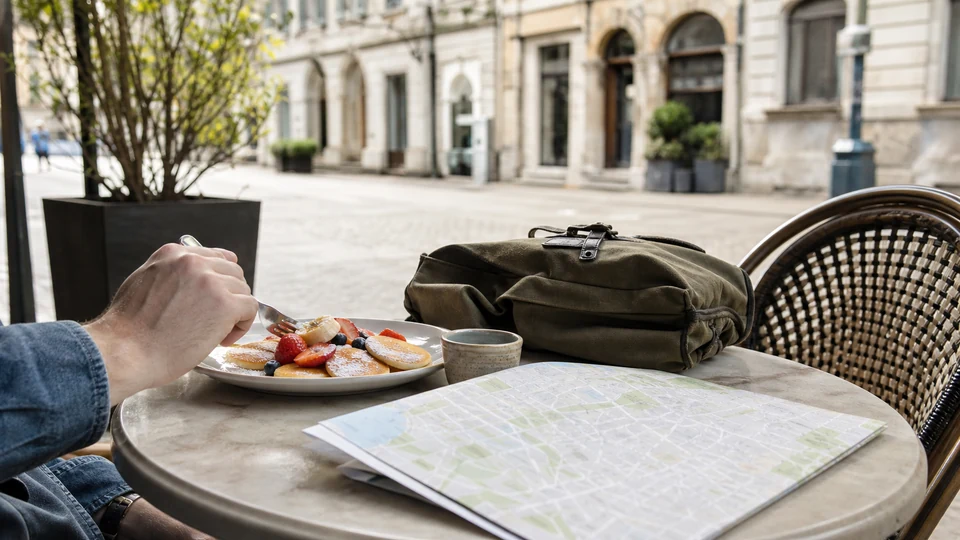A solo traveler's breakfast table beside a map and walking notes for central Munich.