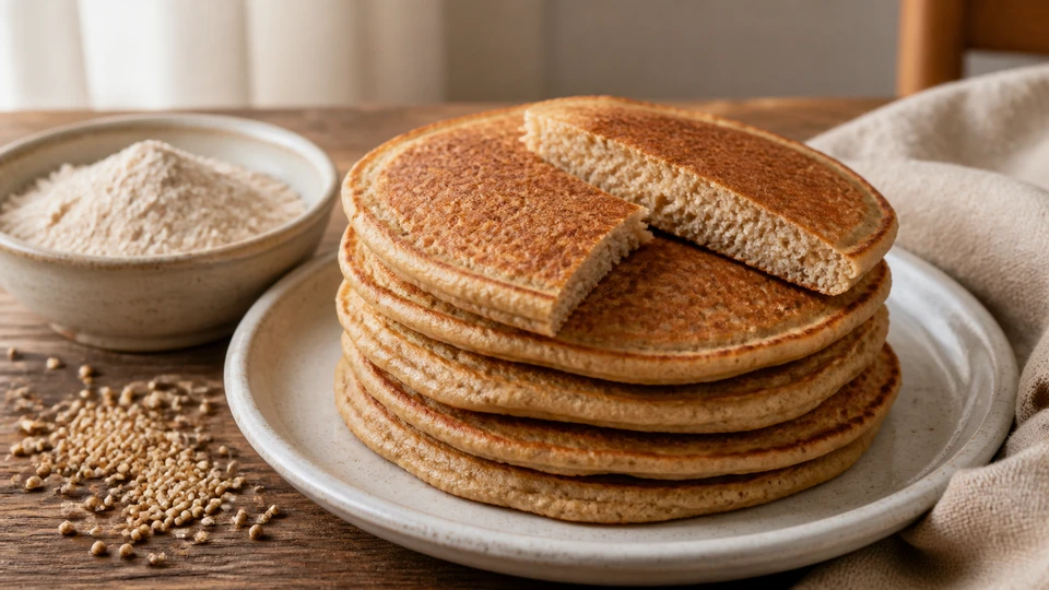 Sorghum-flour pancake stack with a split pancake, pale flour and a small scatter of sorghum grains.