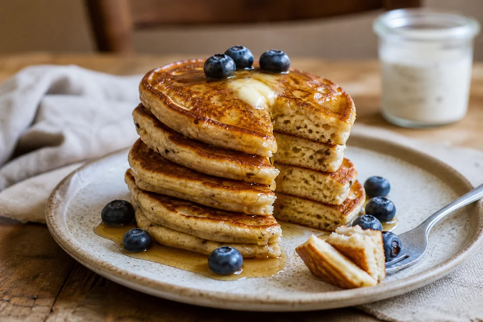 Finished sourdough discard pancakes with crisp golden edges, butter, and berries.
