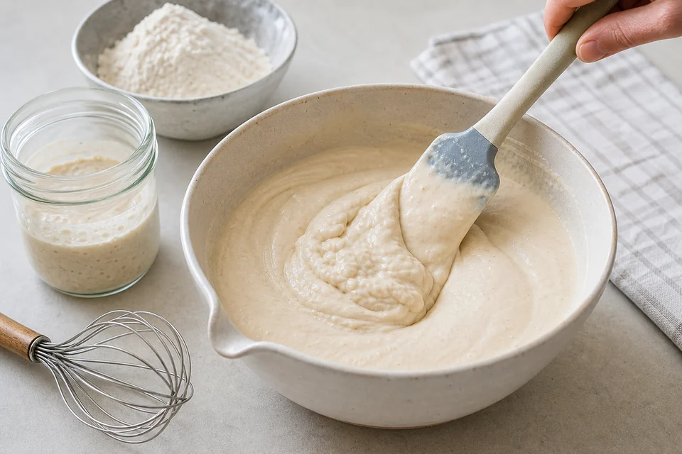 Sourdough discard being whisked with milk and egg before dry ingredients are folded in.