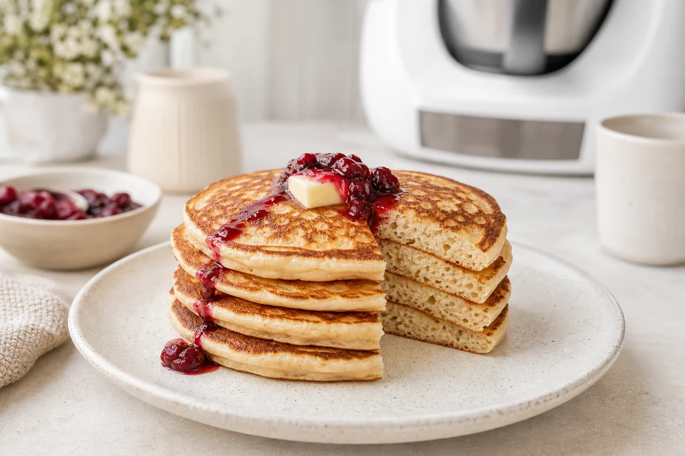 Finished sourdough pancake stack with a cut wedge showing an airy cooked crumb, butter and berry compote, with an unbranded mixing appliance softly blurred behind.