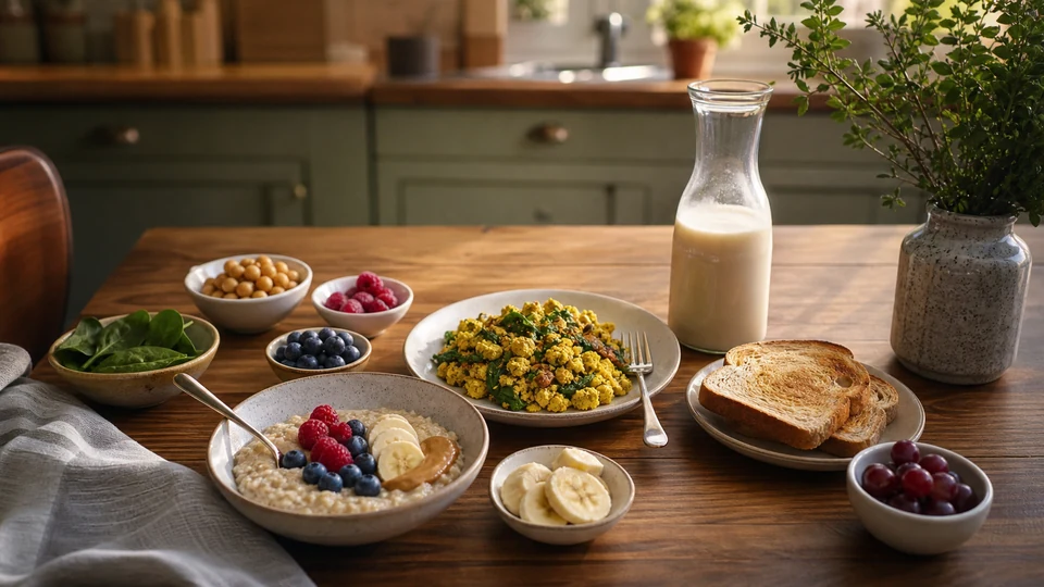 Editorial breakfast scene illustrating Soy-Free Vegan Breakfast Planning with Clear Substitute Roles