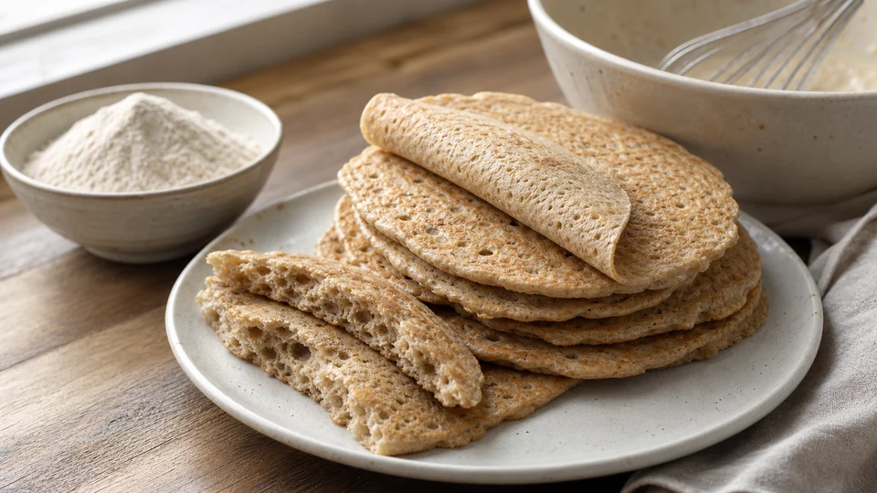 Light whole-grain spelt pancakes, one folded and one torn to show a tender set crumb, with flour and a whisk nearby.