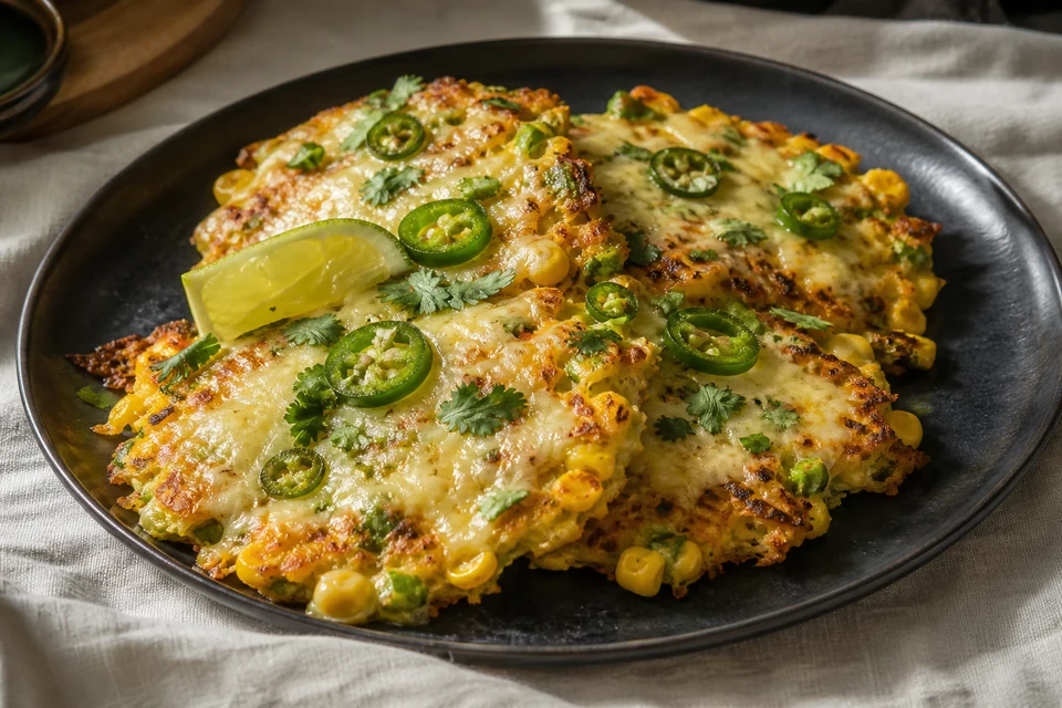 Finished sweetcorn pancakes with melted cheese, sliced green chilli, coriander, and lime on a dark plate.