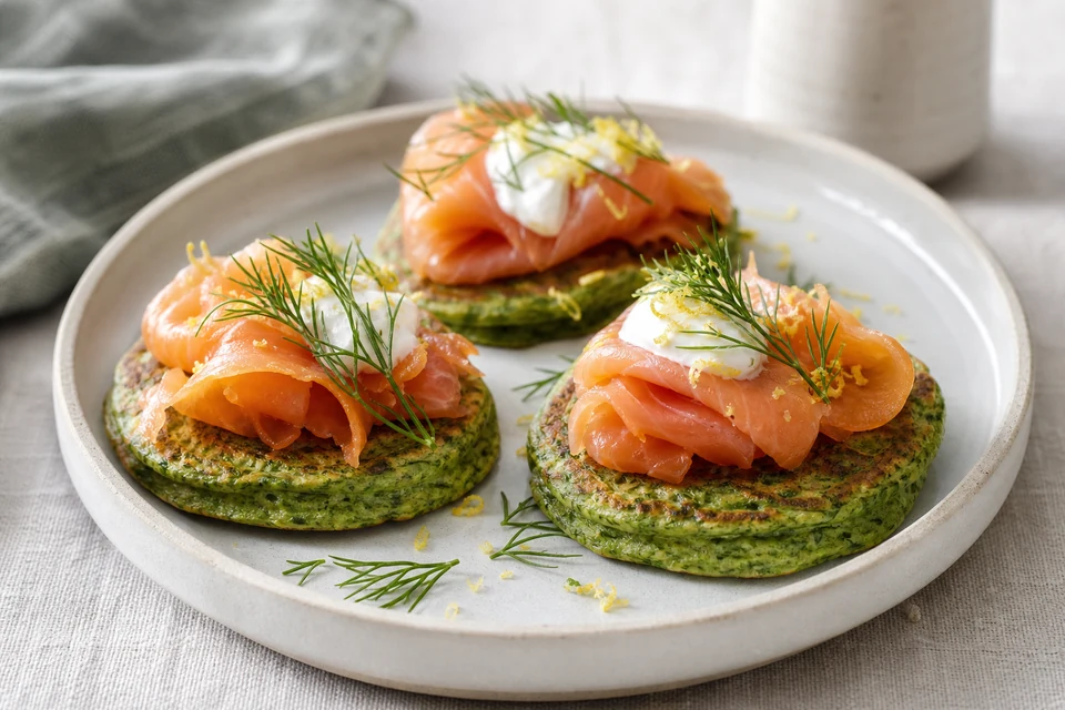 Finished green spinach pancakes topped with folds of smoked salmon, dill, lemon zest, and cultured cream.