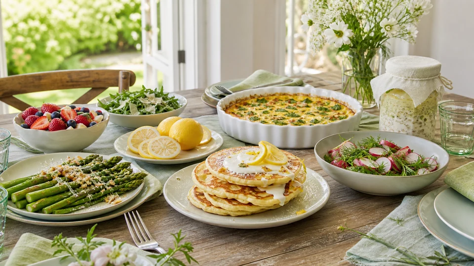 A bright spring brunch with finished pancakes, asparagus, radish salad, fruit, and a baked egg dish.
