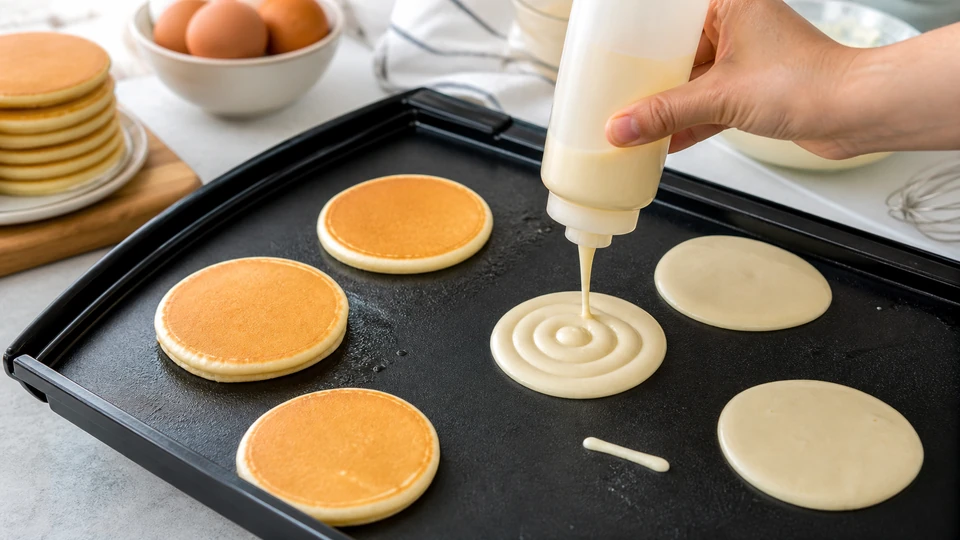 Editorial setup illustrating squeeze-bottle pancakes: batter consistency for clean shapes.