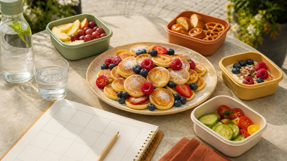 Editorial family food-planning still life with pancake bites, fruit, water, reusable containers and a blank grid planner.