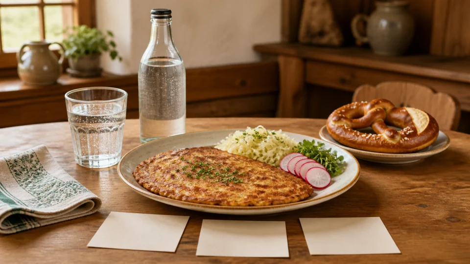 Editorial savoury pancake meal with cabbage, radish, pretzel, sparkling water, a plain non-alcoholic bottle and blank cards.