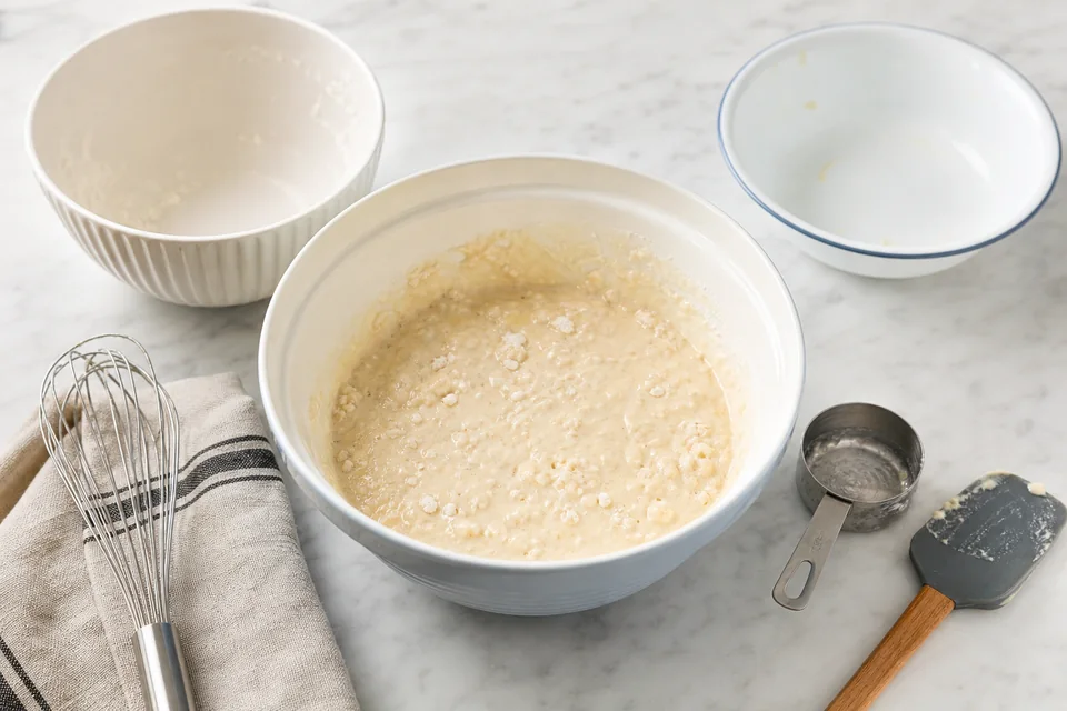 Just-mixed pancake batter with small soft lumps, a whisk, scale, and measuring tools.