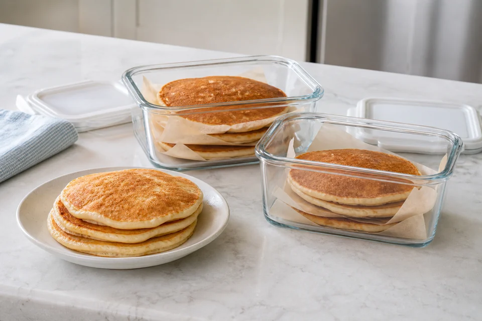 Cooled pancakes portioned into glass containers for refrigerator and freezer storage.