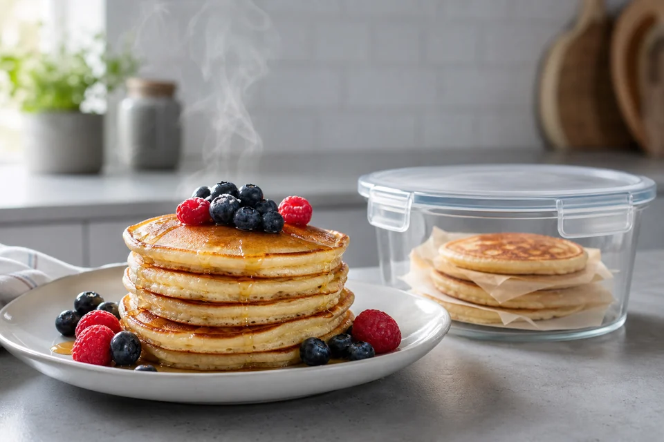 Finished pancake dish illustrating stored and reheated pancakes
