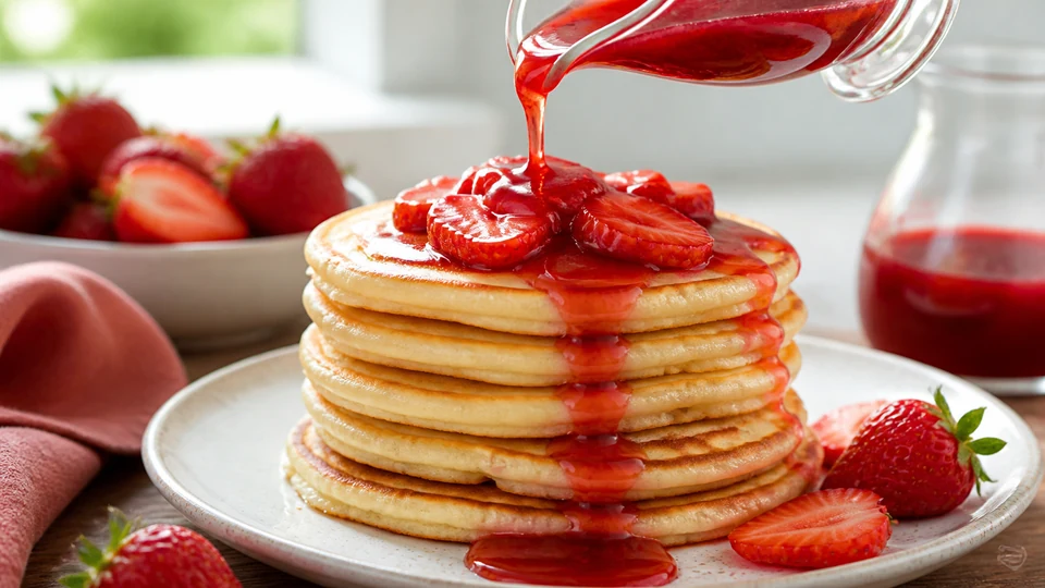 Strawberry pancake syrup prepared for Pancakes World.