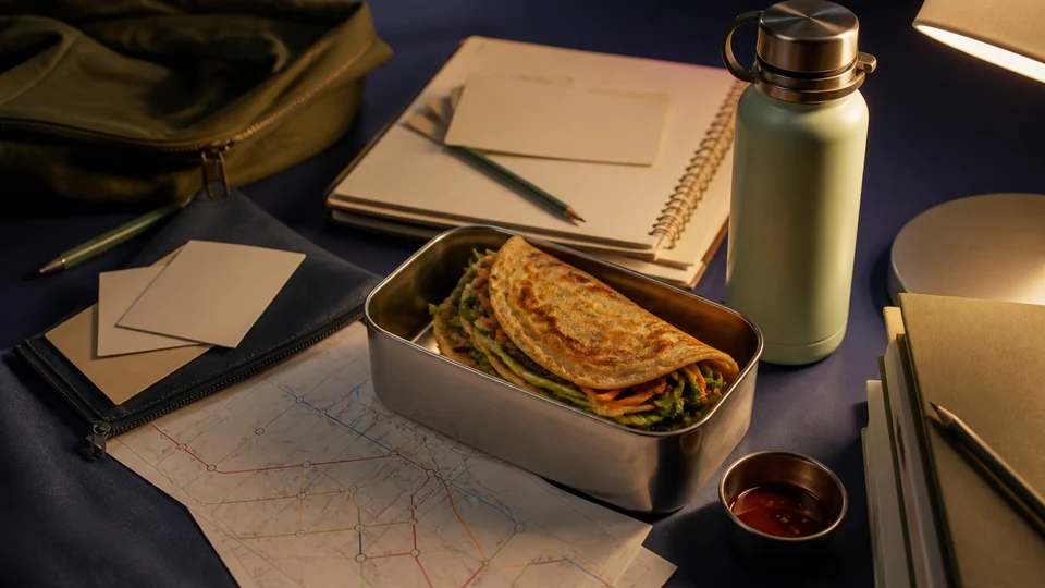 Illustrative StuStaCulum visitor-plan still life with programme cards, meal and jacket