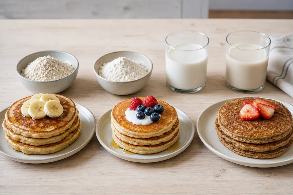 Small finished pancake stacks showing different flour and milk substitution outcomes.