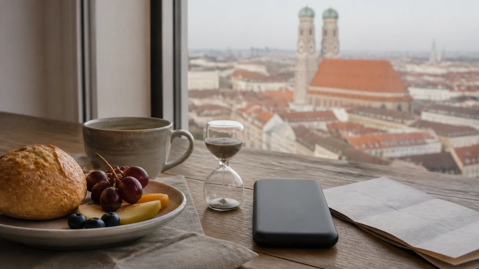 Munich Sunday breakfast planning scene with an hourglass, featureless phone and blank route sheet.
