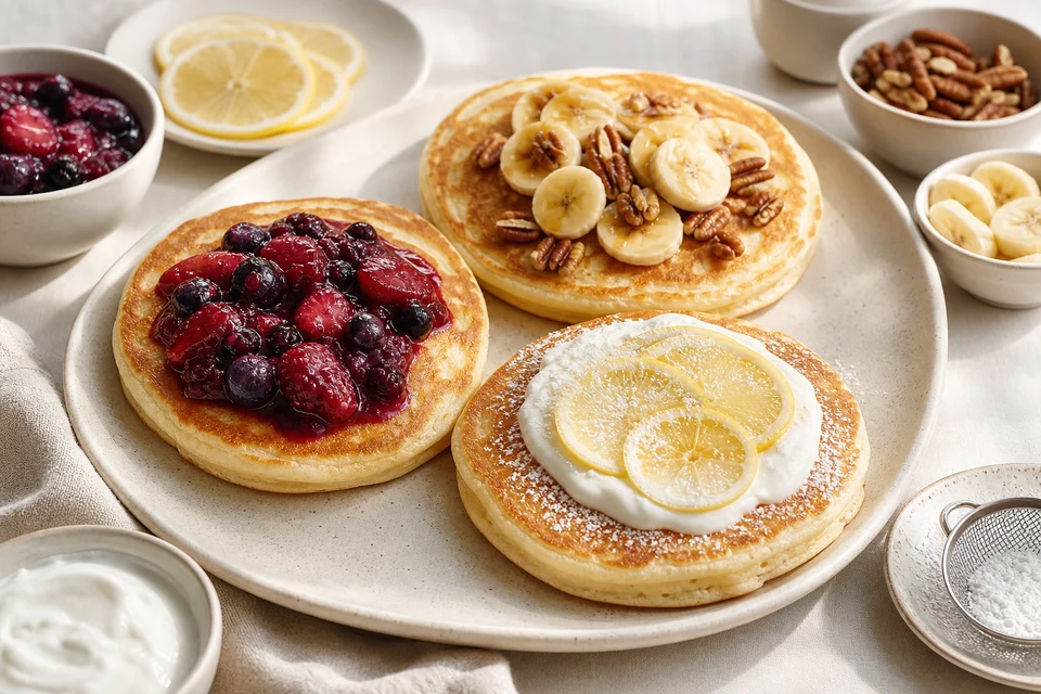 A finished selection of pancakes topped with berries, banana and nuts, lemon yogurt, and fruit compote.