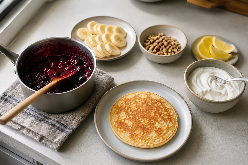 A plain pancake beside prepared sweet toppings including compote, yogurt, banana, nuts, and lemon.