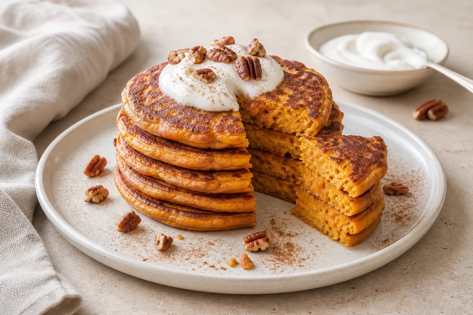 Finished sweet-potato pancake stack with browned edges, a cut wedge showing the orange-gold cooked centre, plain yogurt, pecans, and cinnamon.