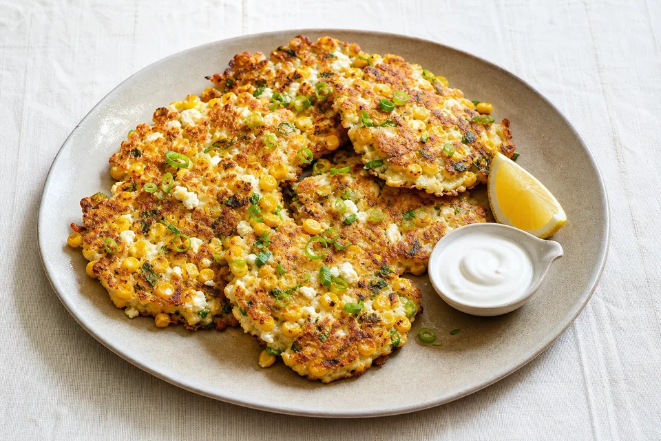 Golden sweetcorn pancakes studded with feta and spring onion, served with lemon and yogurt on a stoneware plate.
