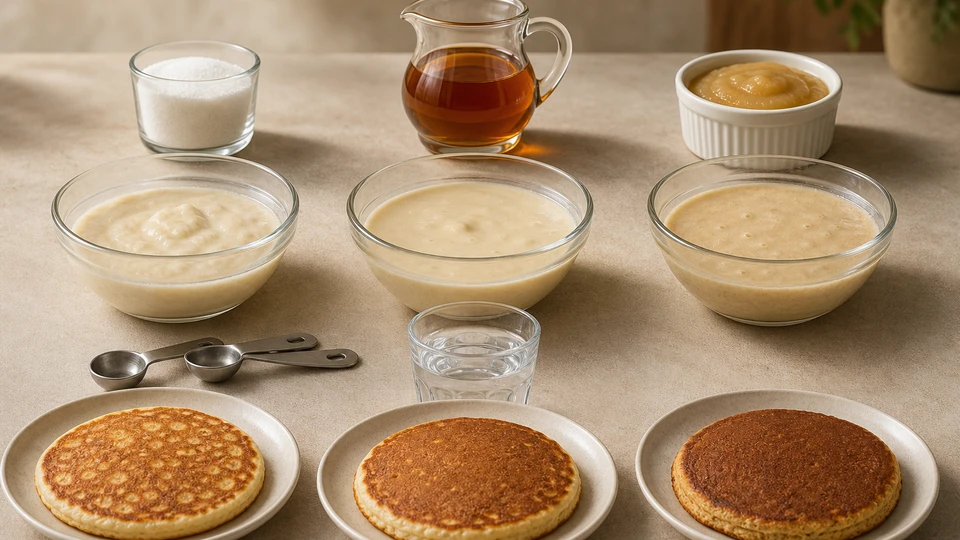 Editorial setup illustrating sweetener substitutes for pancakes: functional ratios and texture control.