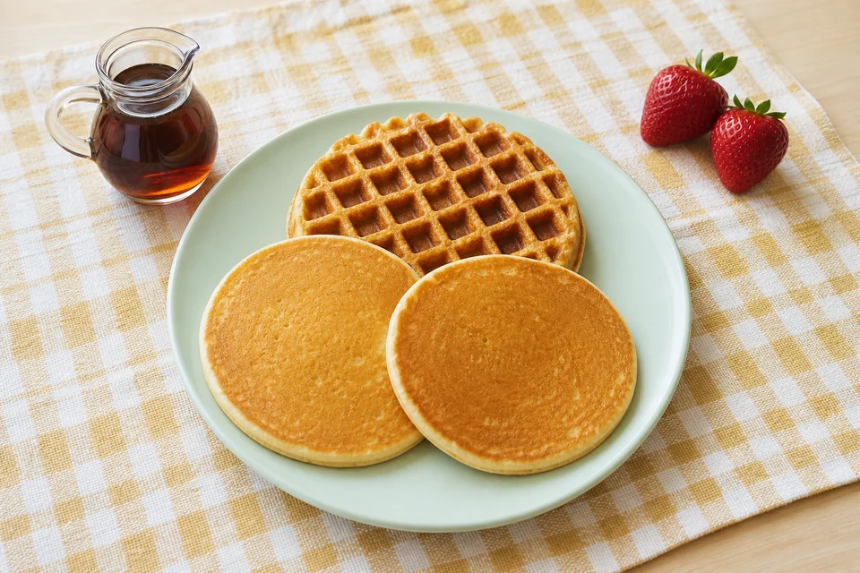 Finished pancakes and a waffle on a neutral breakfast plate for a historical mix guide