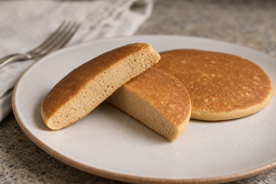 A cut pancake showing a tight compact crumb beside another low-rise pancake on a plate.