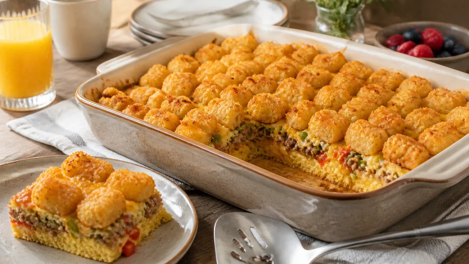 Tater tot brunch casserole prepared for Pancakes World.