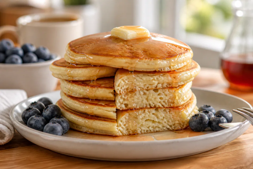 Finished buttermilk pancake stack cut open to show a tender crumb with butter, syrup, and blueberries