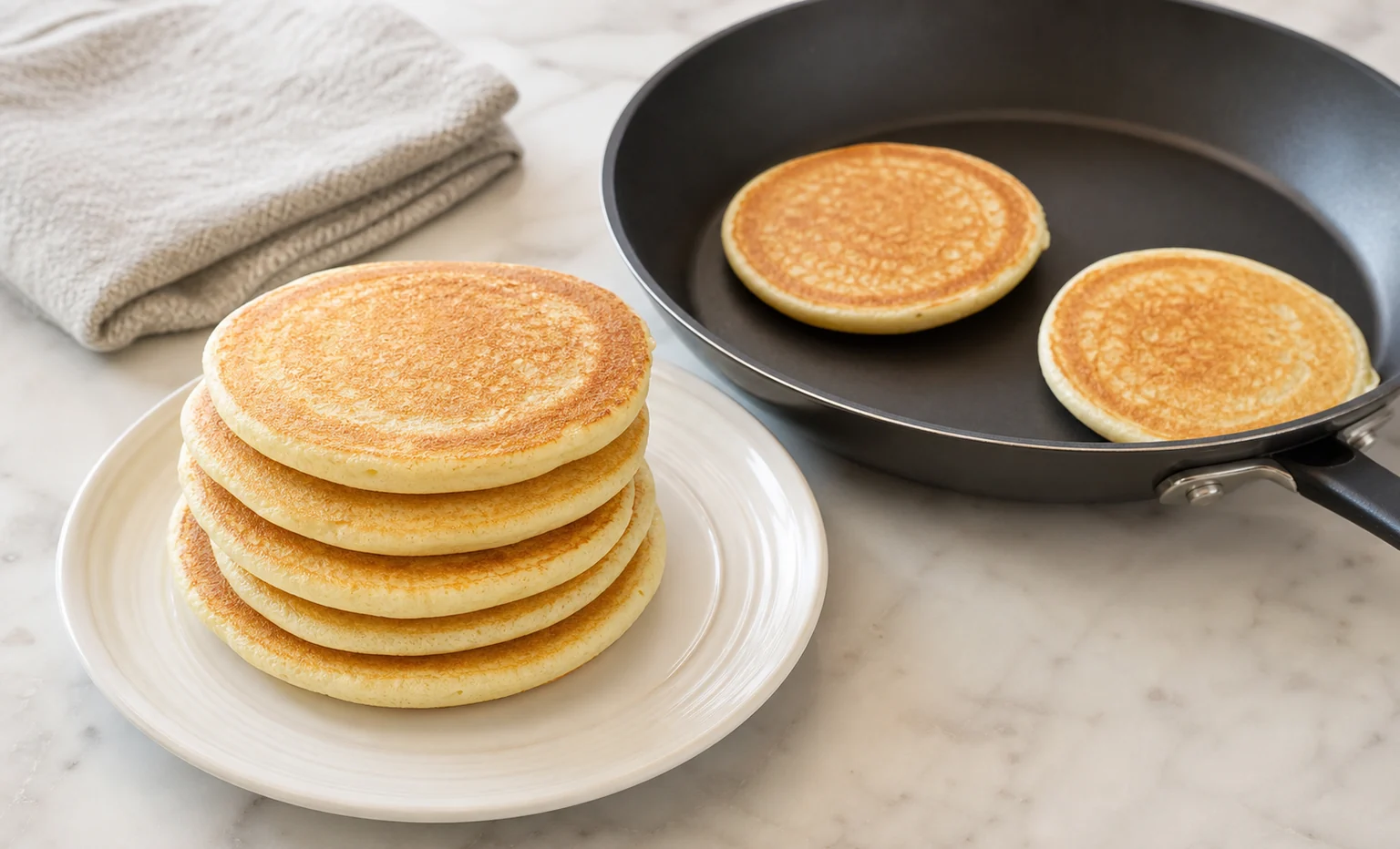 Finished evenly browned pancakes beside an unbranded nonstick skillet