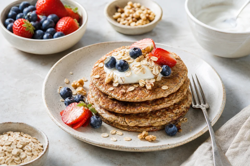 Whole-grain-style pancakes served with berries, yogurt, oats, and nuts in measured portions.