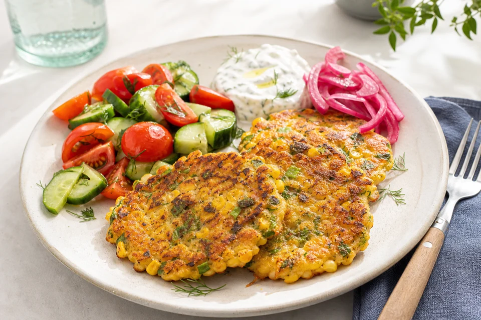 Finished corn and scallion pancakes with salad, yogurt, and pickled onions for lunch