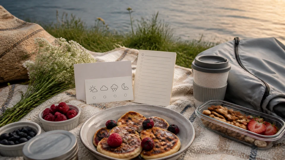 Illustrative Theatron picnic plan with portable pancakes, blanket and weather cards