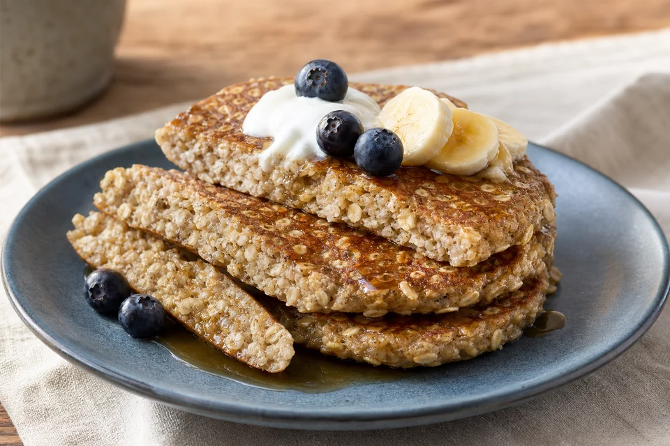Finished rustic oatmeal pancake stack with visible rolled-oat flecks, an exposed tender crumb, blueberries, banana, yoghurt, and a light maple drizzle.
