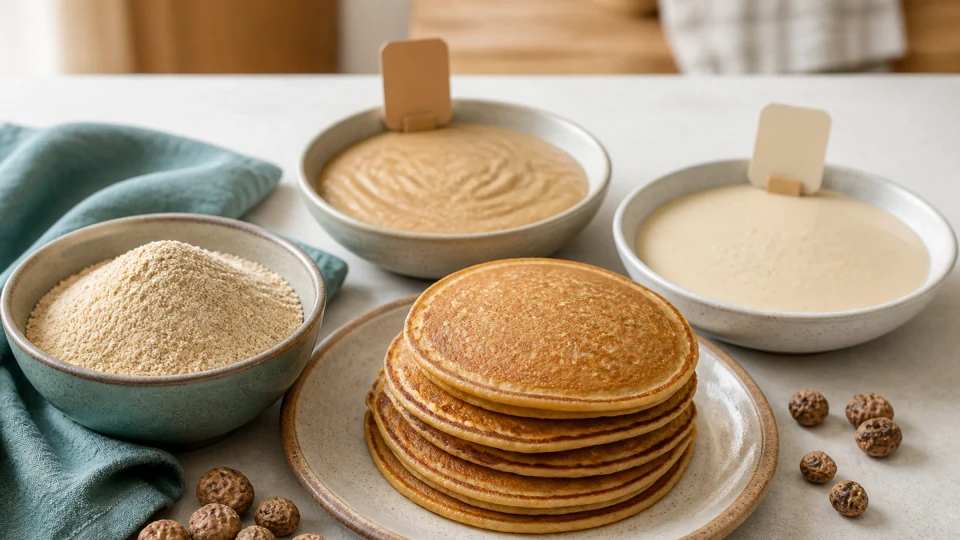 Ochre pancakes beside tigernut flour, whole wrinkled tigernut tubers, two different batters and blank comparison tabs.