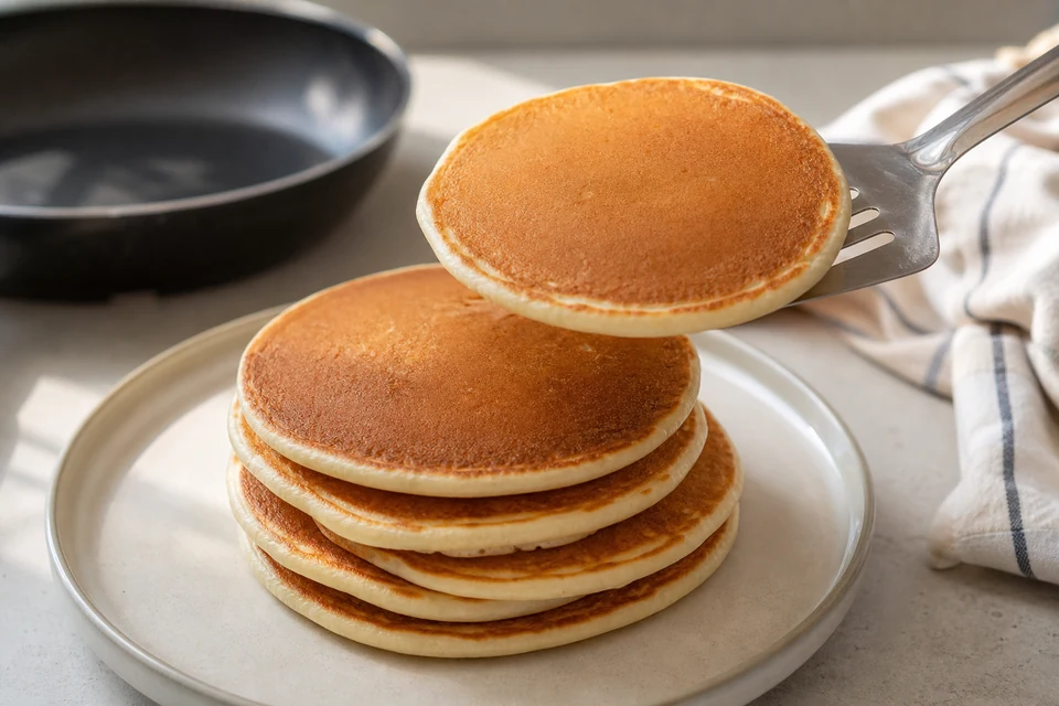An intact golden pancake lifted above a finished stack on a wide metal turner.