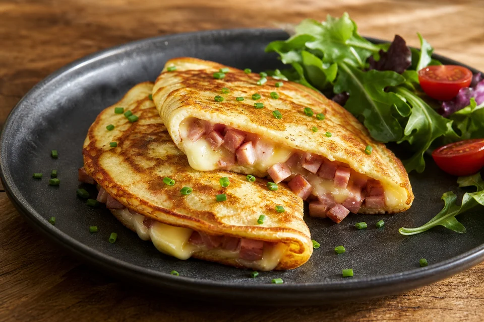 Finished pancake dish illustrating ham and cheese pancakes