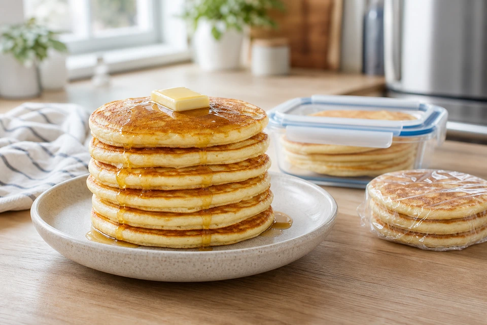 Finished stack of pancakes with syrup and butter beside pancakes in a sealed container and a wrapped stack.